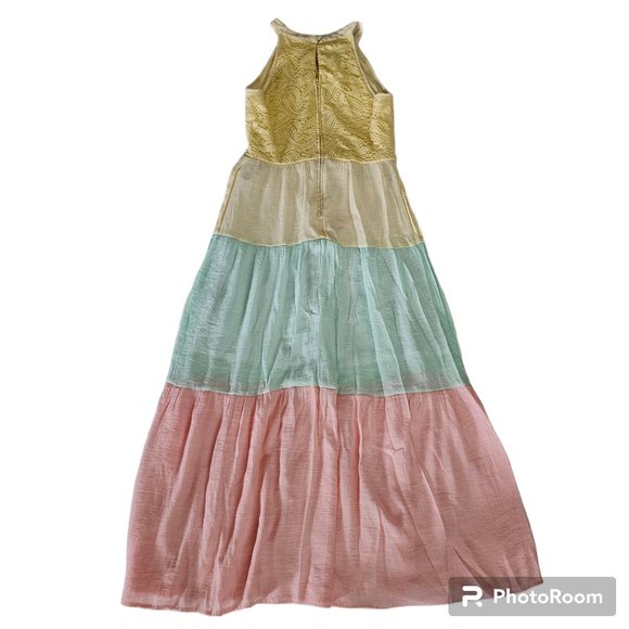 In Girl Women's Halter Neck Yellow Blue Pink Color Block Maxi Dress Size 12 - Picture 3 of 12